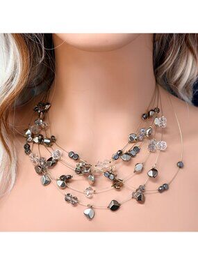 Vintage Chicos Silana Illusion Necklace Multi Strand Hematite Beads Y2K Jewelry